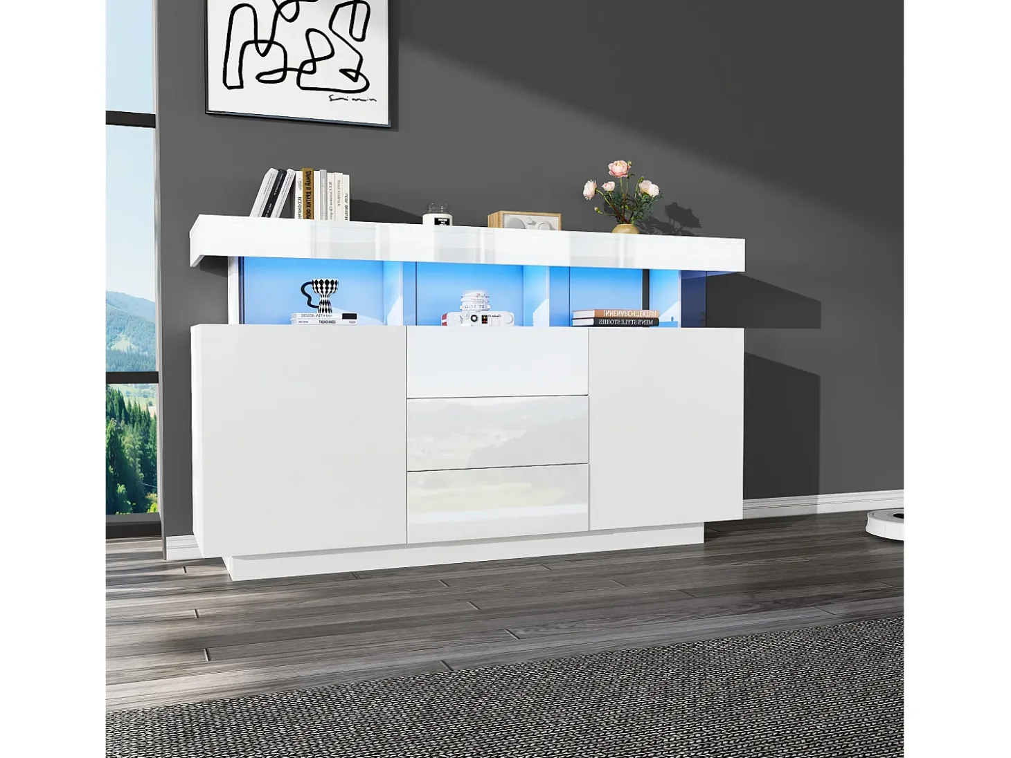 Buffet moderno - con tira luminosa LED de 16 colores - 3 cajones - 2 puertas - blanco