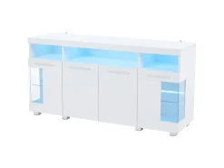 Buffet moderno con LED - 4 puertas y 9 compartimentos de almacenamiento - MDF + vidrio templado transparente - Blanco