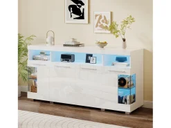 Buffet moderno con LED - 4 puertas y 9 compartimentos de almacenamiento - MDF + vidrio templado transparente - Blanco