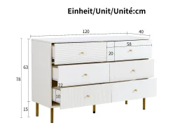 Buffet moderno 120x40x78 cm - 6 cajones - Patas de metal - MDF - Blanco