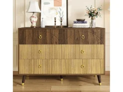 Buffet moderno 120x40x81 cm - 6 cajones - Patas de madera maciza - Acabado bicolor veteado - MDF - Natural