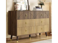 Buffet moderno 120x40x81 cm - 6 cajones - Patas de madera maciza - Acabado bicolor veteado - MDF - Natural