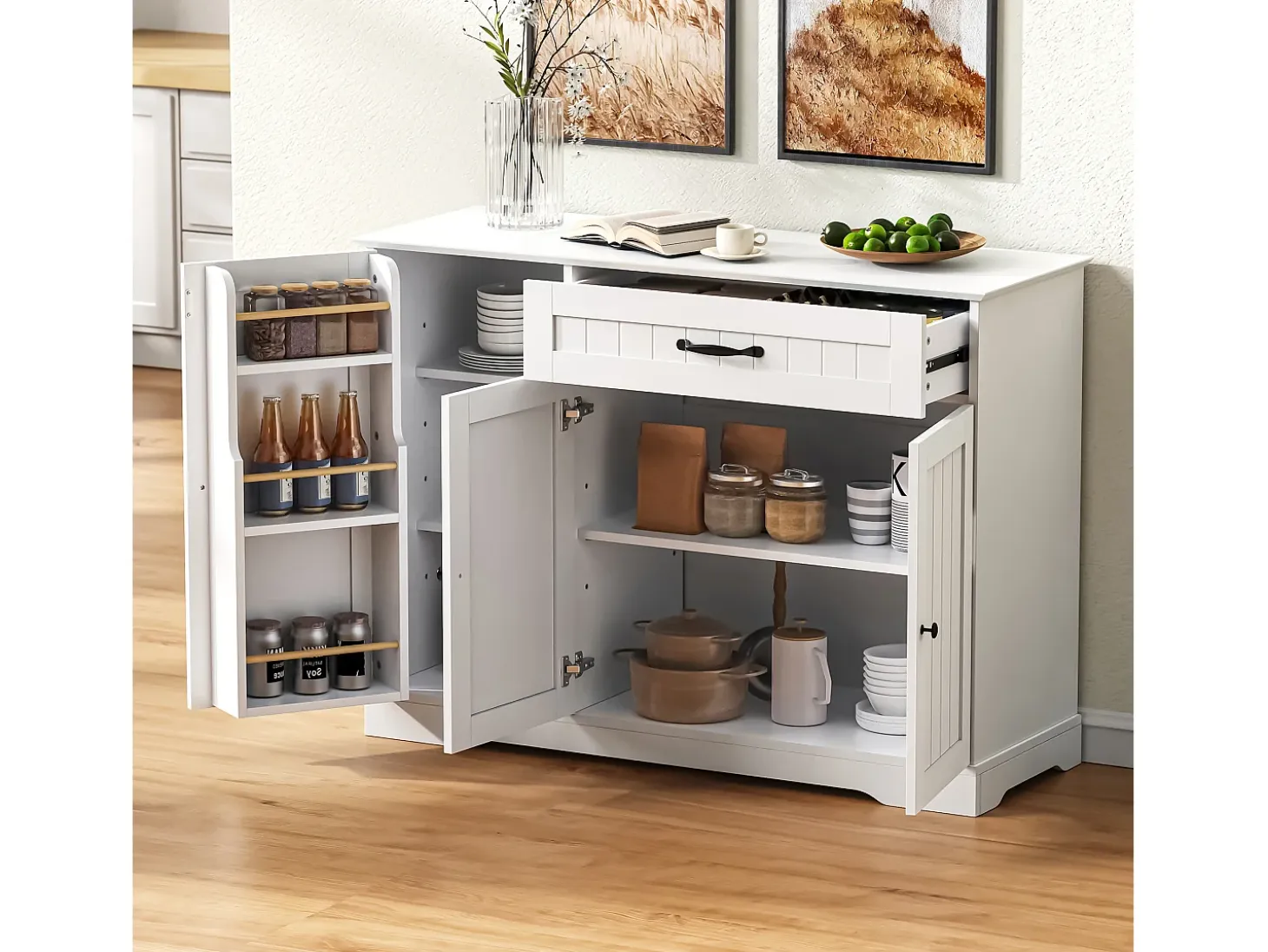 Buffet moderno 107x40x83.4cm - con 3 puertas y 1 cajón - con estantes ajustables - Blanco