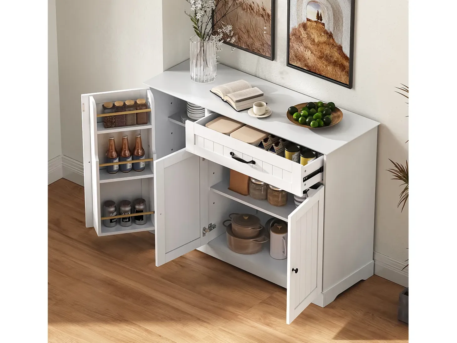 Buffet moderno 107x40x83.4cm - con 3 puertas y 1 cajón - con estantes ajustables - Blanco