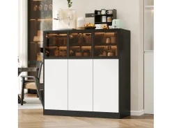 Buffet moderno 100x40x105cm - con 3 puertas de vidrio y 3 puertas blancas - con LED - tablero de partículas - Blanco + Negro