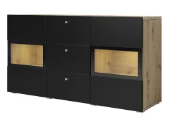 Buffet RAMOS 130 cm – Roble y negro super mate – 2 puertas con vidrio y 3 cajones – Sin LED