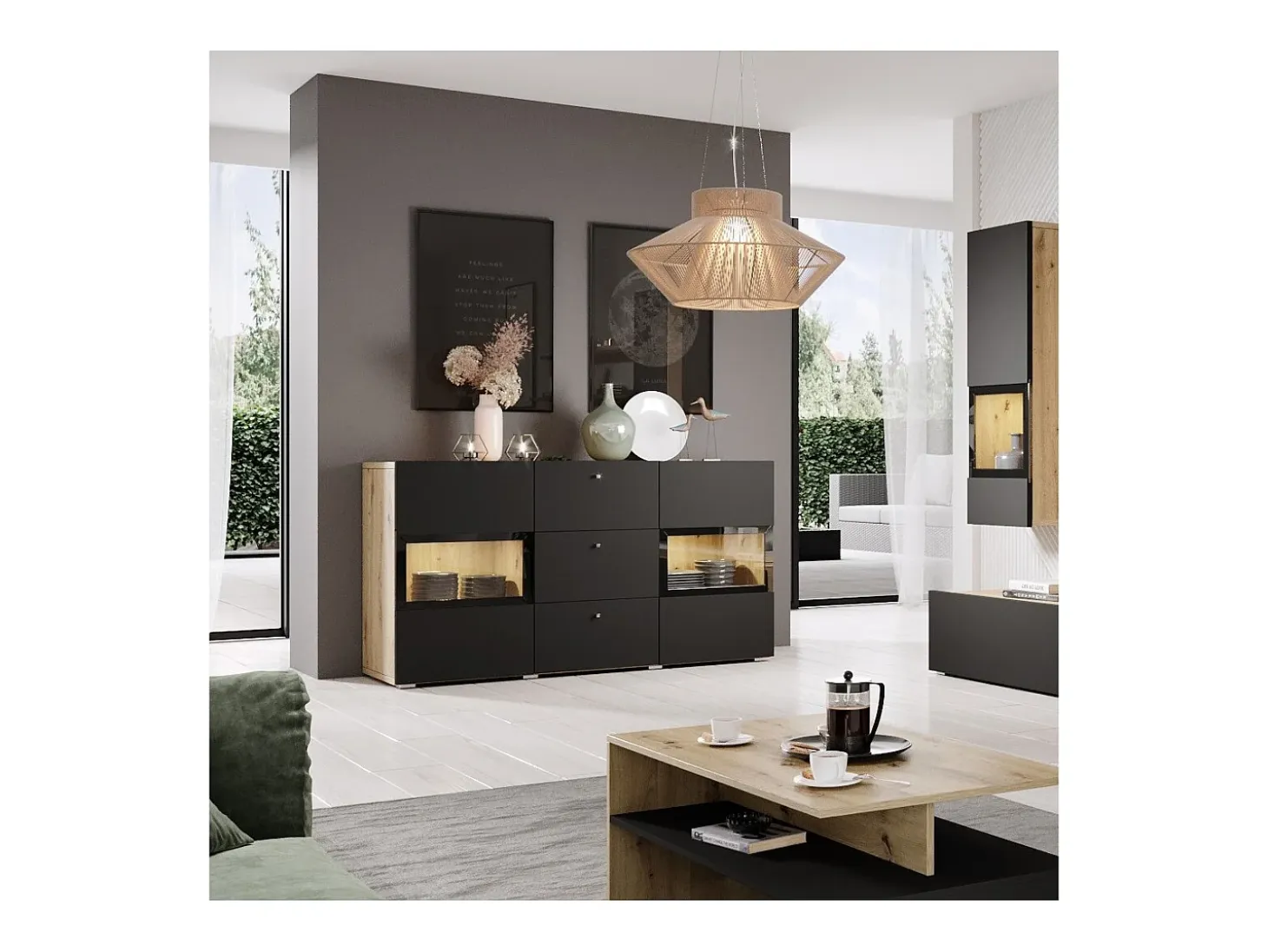 Buffet RAMOS 130 cm – Roble y negro super mate – 2 puertas con vidrio y 3 cajones – Sin LED