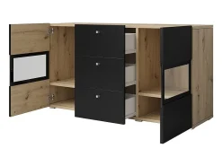 Buffet RAMOS 130 cm – Roble y negro super mate – 2 puertas con vidrio y 3 cajones – Sin LED