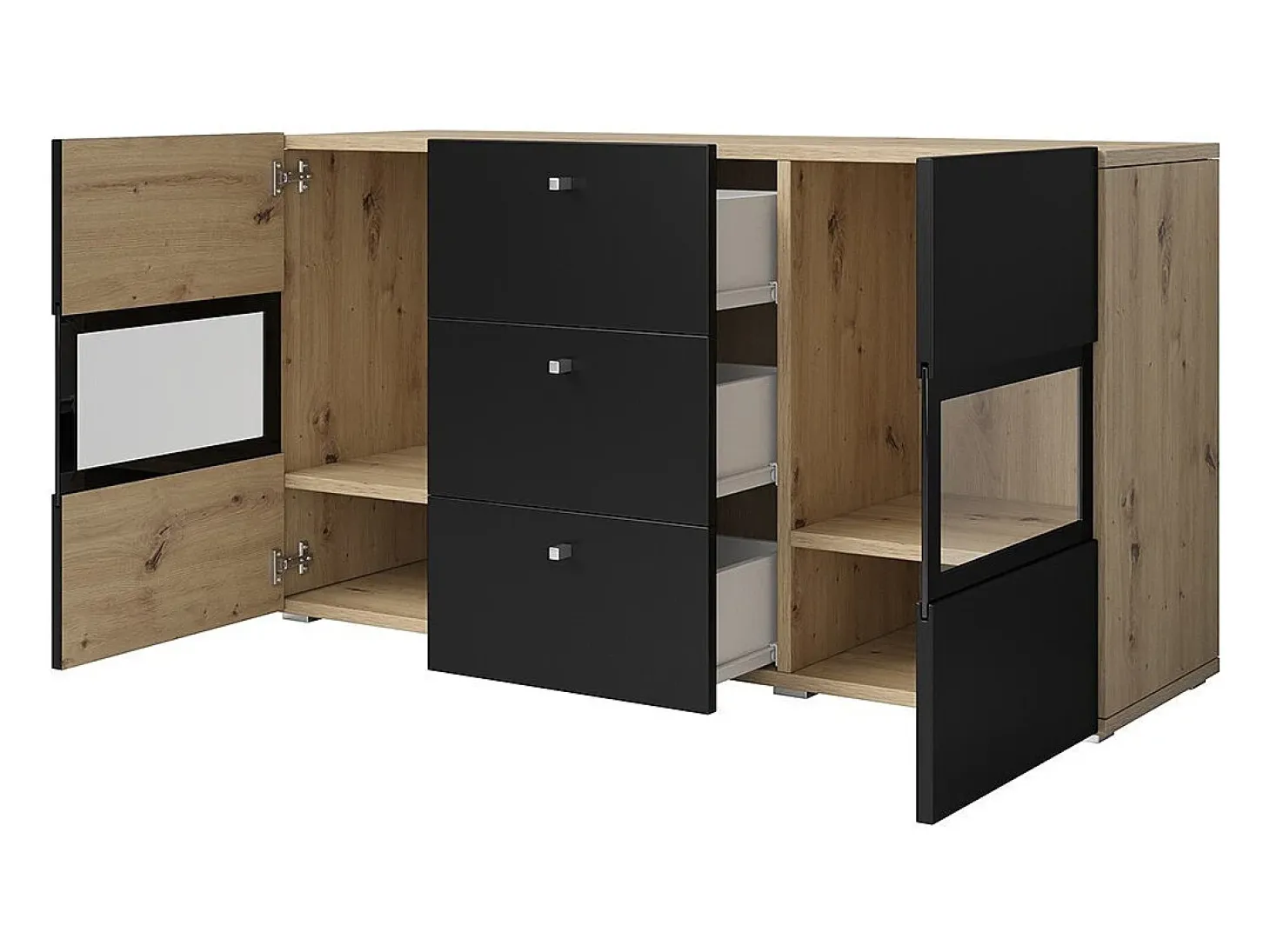 Buffet RAMOS 130 cm – Roble y negro super mate – 2 puertas con vidrio y 3 cajones – Sin LED