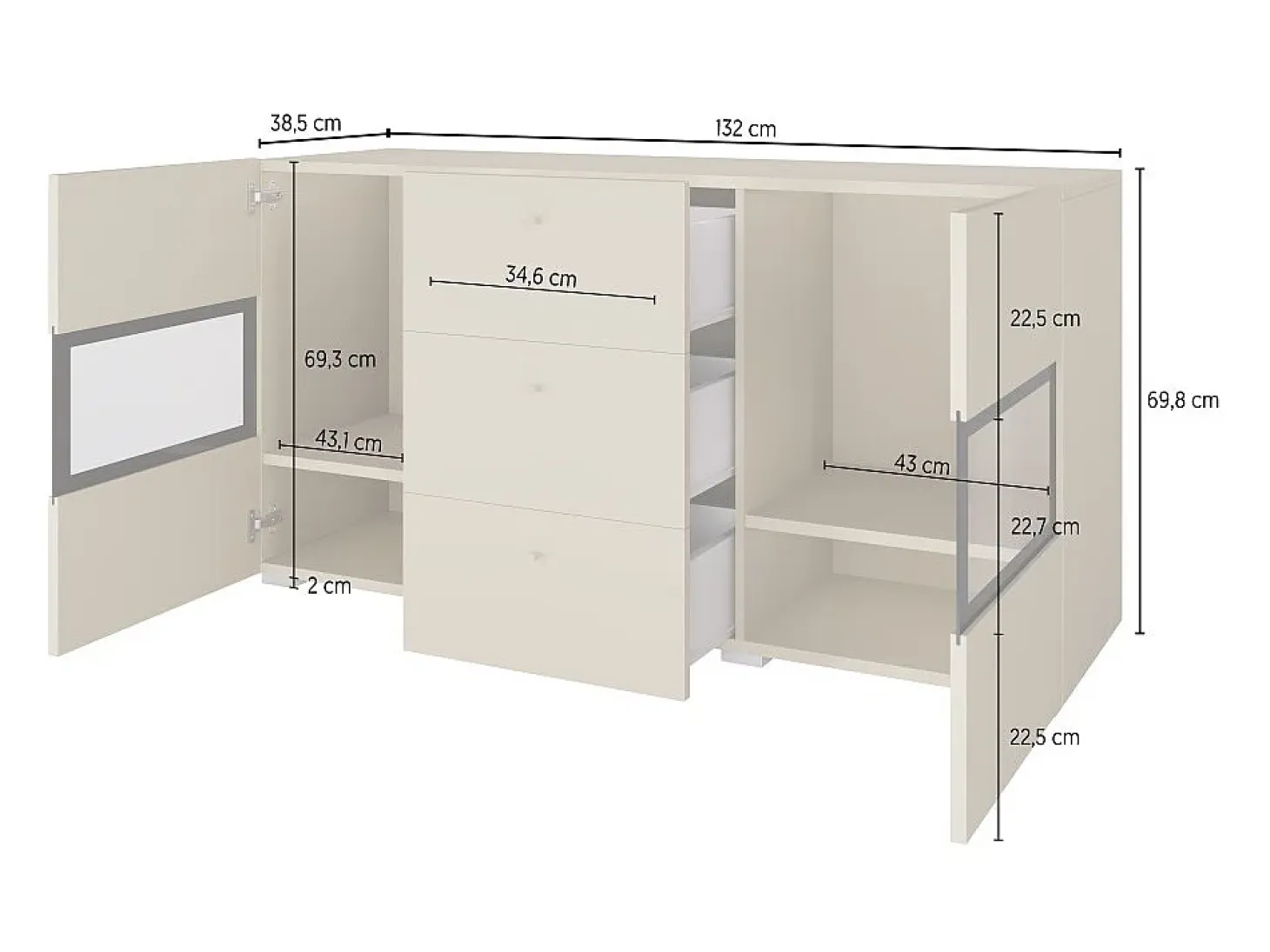 Buffet RAMOS – Gris efecto concreto y negro – LED multicolores incluidos – 2 puertas de vidrio + 3 cajones