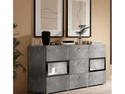 Buffet RAMOS – Gris efecto concreto y negro – LED multicolores incluidos – 2 puertas de vidrio + 3 cajones