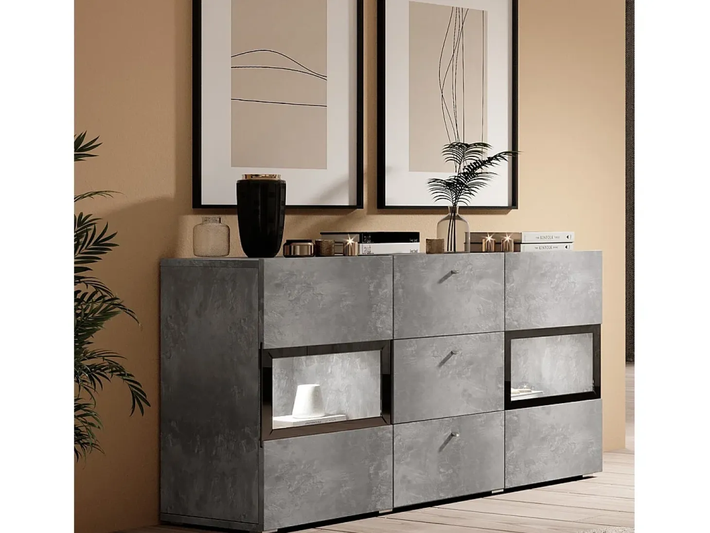 Buffet RAMOS – Gris efecto concreto y negro – LED multicolores incluidos – 2 puertas de vidrio + 3 cajones