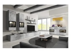 Buffet RAMOS – Gris efecto concreto y negro – LED multicolores incluidos – 2 puertas de vidrio + 3 cajones