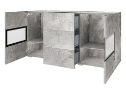 Buffet RAMOS – Gris efecto concreto y negro – LED multicolores incluidos – 2 puertas de vidrio + 3 cajones
