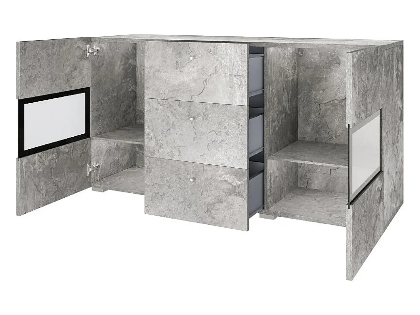 Buffet RAMOS – Gris efecto concreto y negro – LED multicolores incluidos – 2 puertas de vidrio + 3 cajones