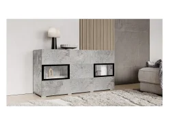 Buffet RAMOS – Gris efecto concreto y negro – LED multicolores incluidos – 2 puertas de vidrio + 3 cajones