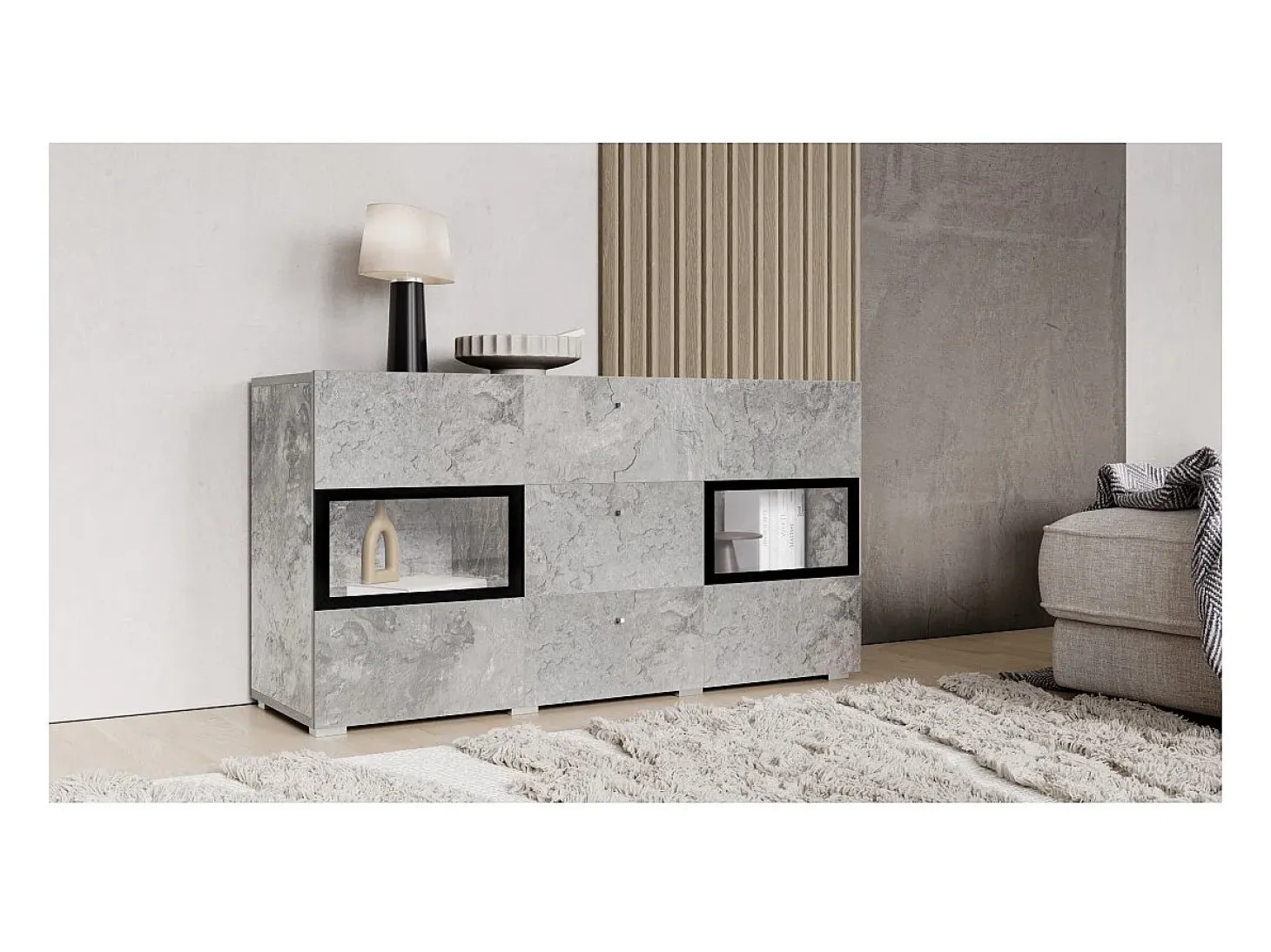 Buffet RAMOS – Gris efecto concreto y negro – LED multicolores incluidos – 2 puertas de vidrio + 3 cajones