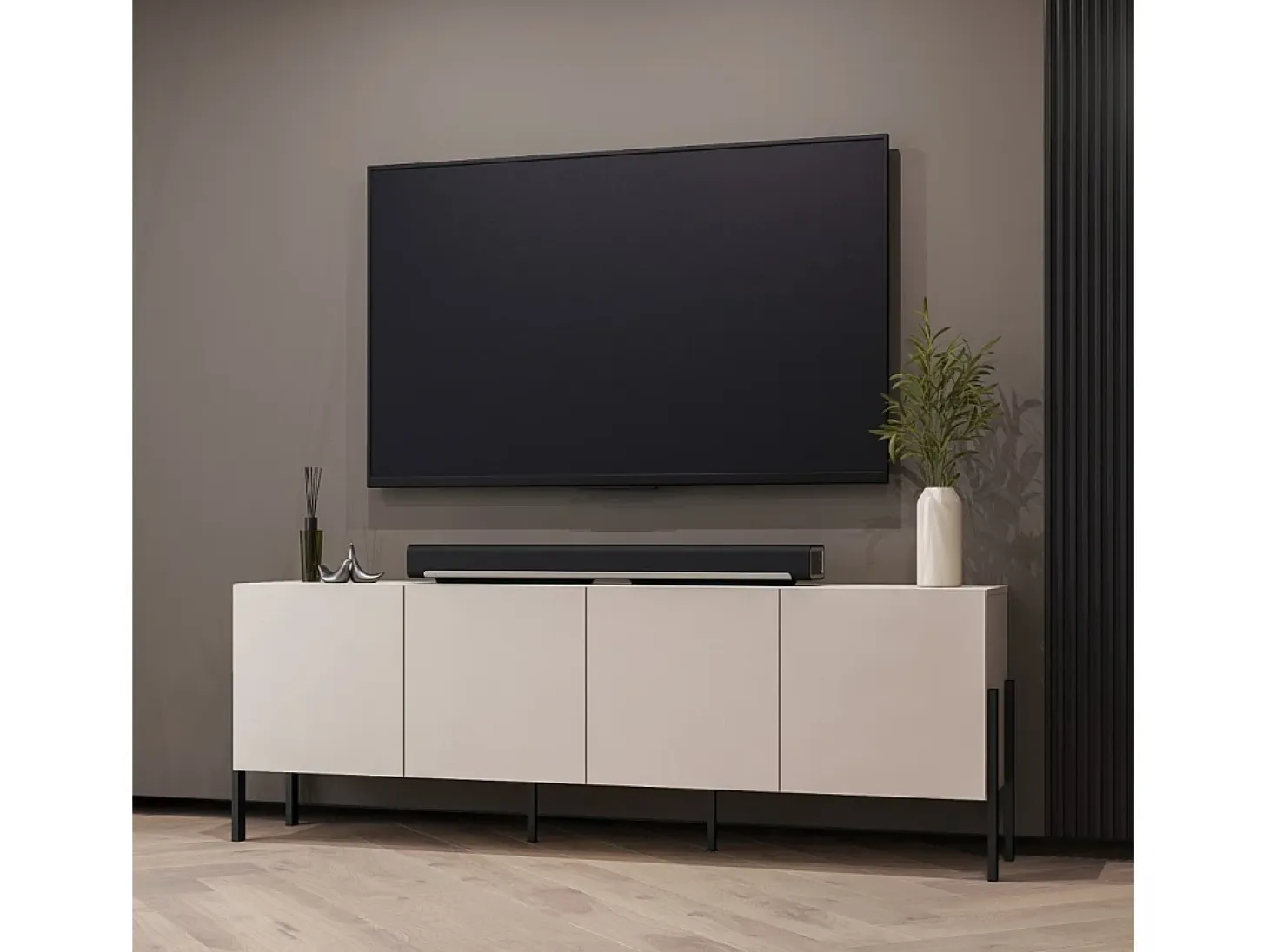Buffet SALMA 4 puertas Push-to-Open – beige & negro mate, 204×70×40 cm