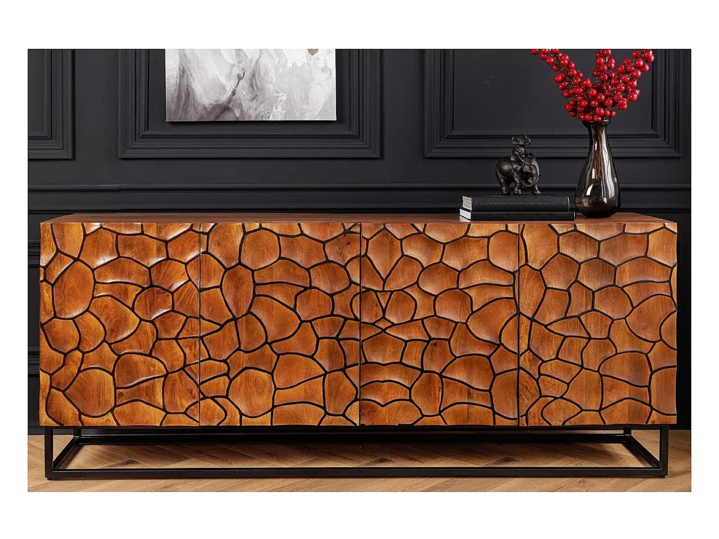 Buffet TERRAKAN 180 cm – Madera Maciza de Mango Marrón – Frente Tallado 3D