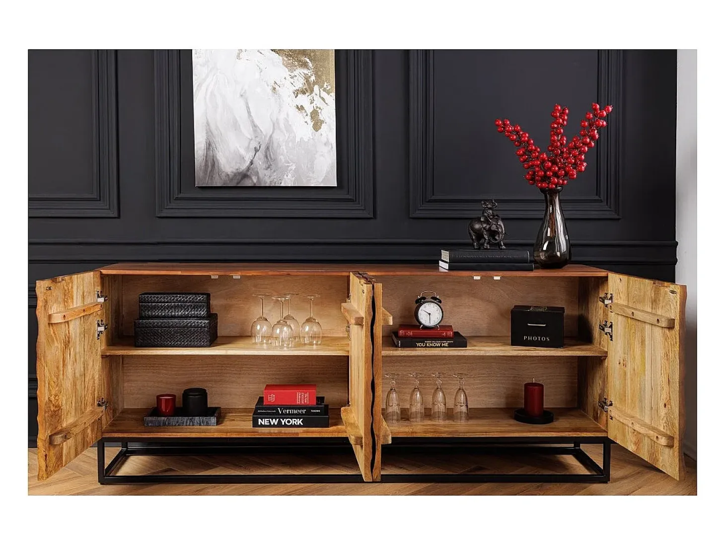 Buffet TERRAKAN 180 cm – Madera Maciza de Mango Marrón – Frente Tallado 3D