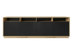 Buffet XL 240cm colección VILLA. Color roble y negro. 4 puertas y 4 nichos iluminados.