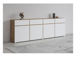 Buffet XL HAVANA – 225 cm – 4 puertas y 4 cajones – Roble y blanco – Diseño moderno sin tiradores
