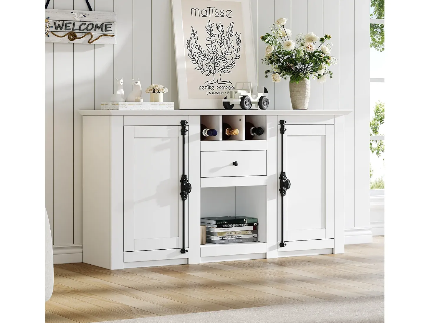 Buffet 130x35x70 cm - 2 puertas y 1 cajón - con portavinos - Espacio de almacenamiento semiabierto - diseño retro - Blanco