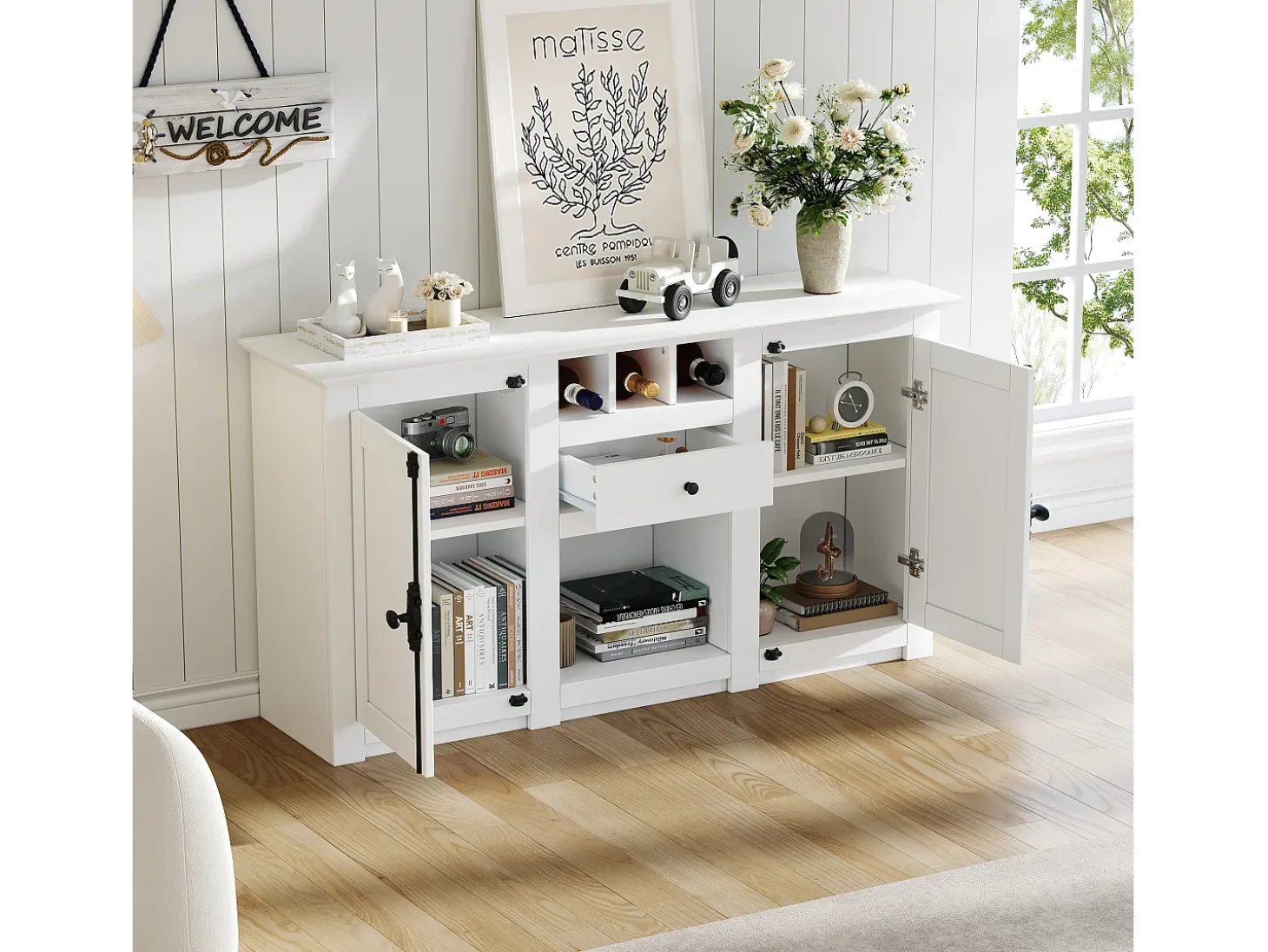 Buffet 130x35x70 cm - 2 puertas y 1 cajón - con portavinos - Espacio de almacenamiento semiabierto - diseño retro - Blanco