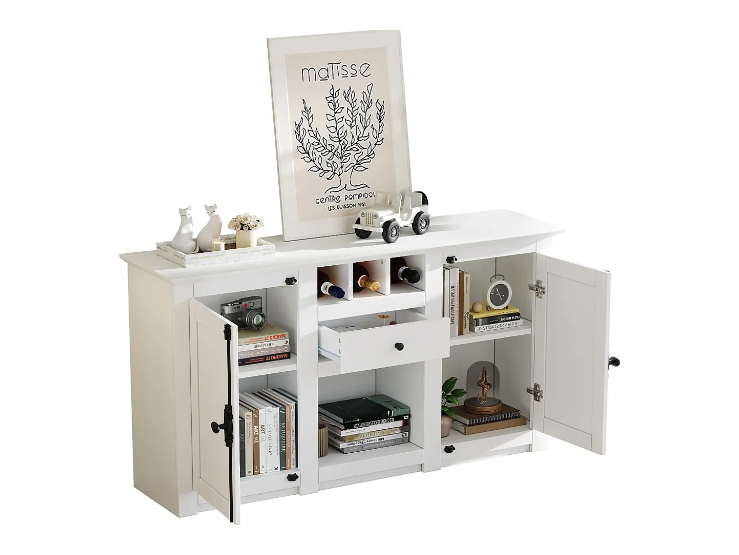 Buffet 130x35x70 cm - 2 puertas y 1 cajón - con portavinos - Espacio de almacenamiento semiabierto - diseño retro - Blanco