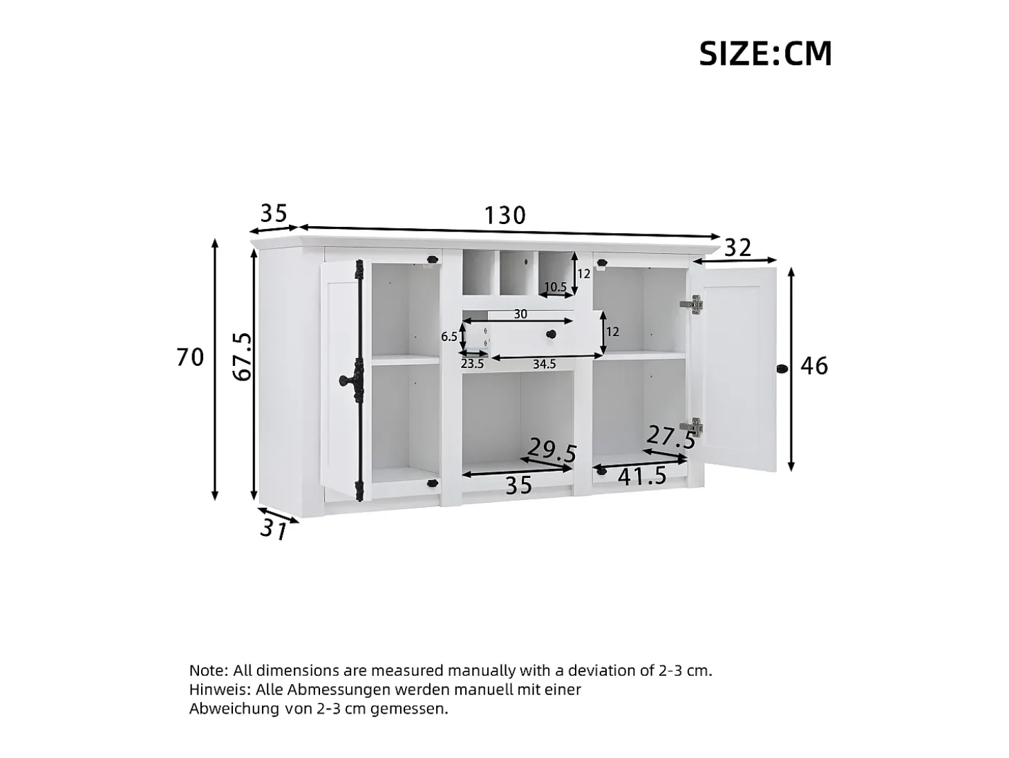 Buffet 130x35x70 cm - 2 puertas y 1 cajón - con portavinos - Espacio de almacenamiento semiabierto - diseño retro - Blanco