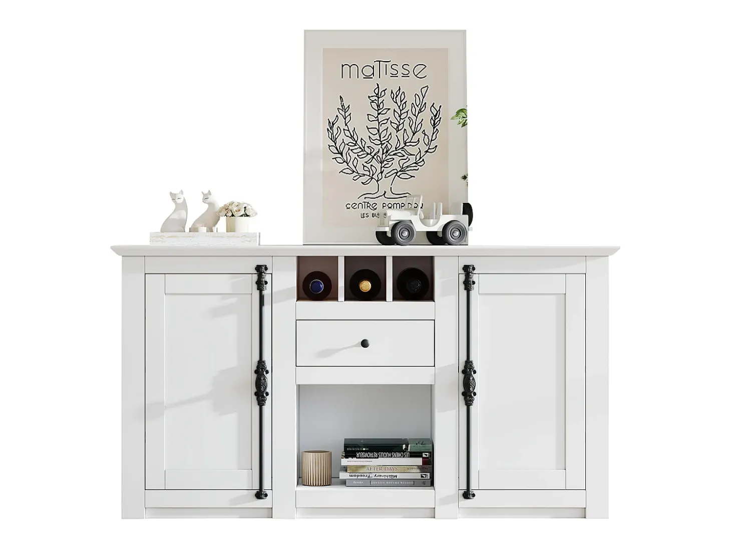 Buffet 130x35x70 cm - 2 puertas y 1 cajón - con portavinos - Espacio de almacenamiento semiabierto - diseño retro - Blanco
