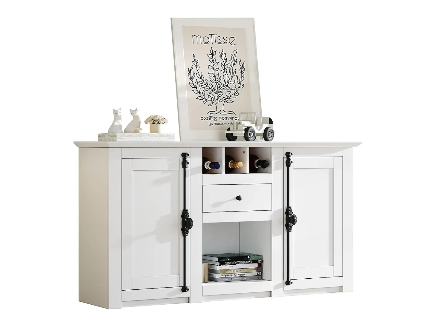 Buffet 130x35x70 cm - 2 puertas y 1 cajón - con portavinos - Espacio de almacenamiento semiabierto - diseño retro - Blanco