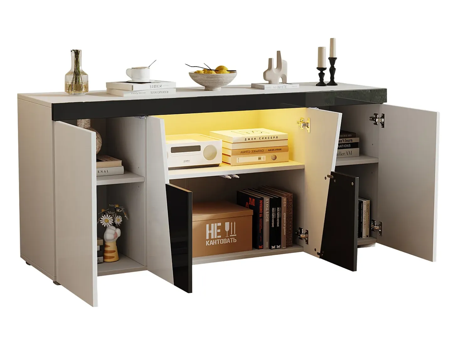Buffet 140x40x65 cm - con 4 puertas - con iluminación LED - Paneles de partículas - Blanco + Negro