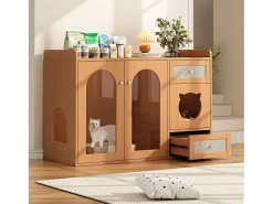Buffet 120x45x83cm - 2 cuencos para gato - 2 cajones y 2 puertas - natural
