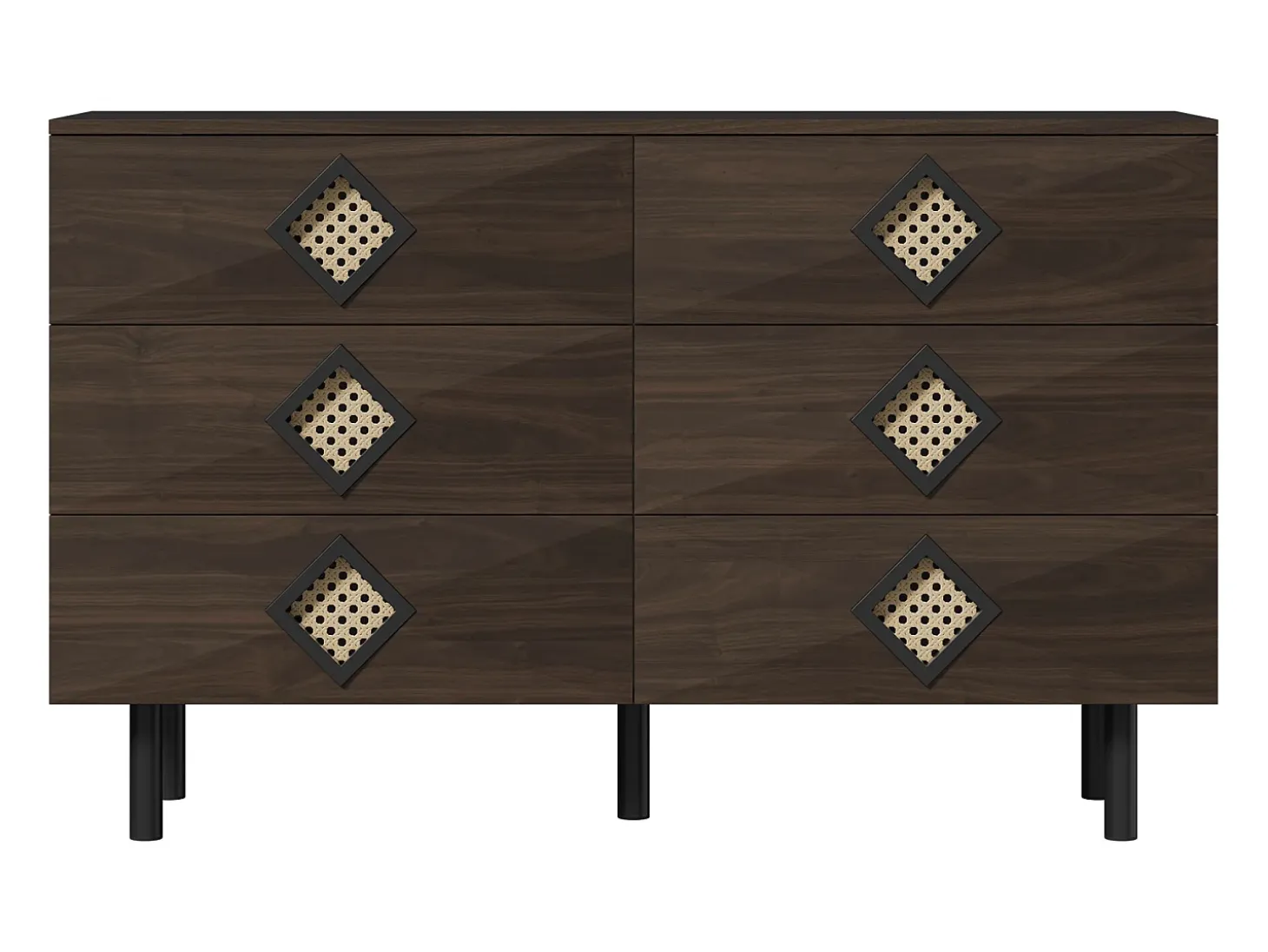 Buffet 120x40x74cm - con 6 cajones - decoración de ratán - Patas de metal - MDF + Tableros de partículas - Marrón