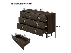 Buffet 120x40x74cm - con 6 cajones - decoración de ratán - Patas de metal - MDF + Tableros de partículas - Marrón