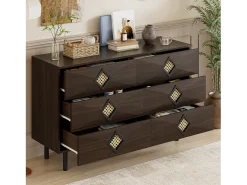 Buffet 120x40x74cm - con 6 cajones - decoración de ratán - Patas de metal - MDF + Tableros de partículas - Marrón