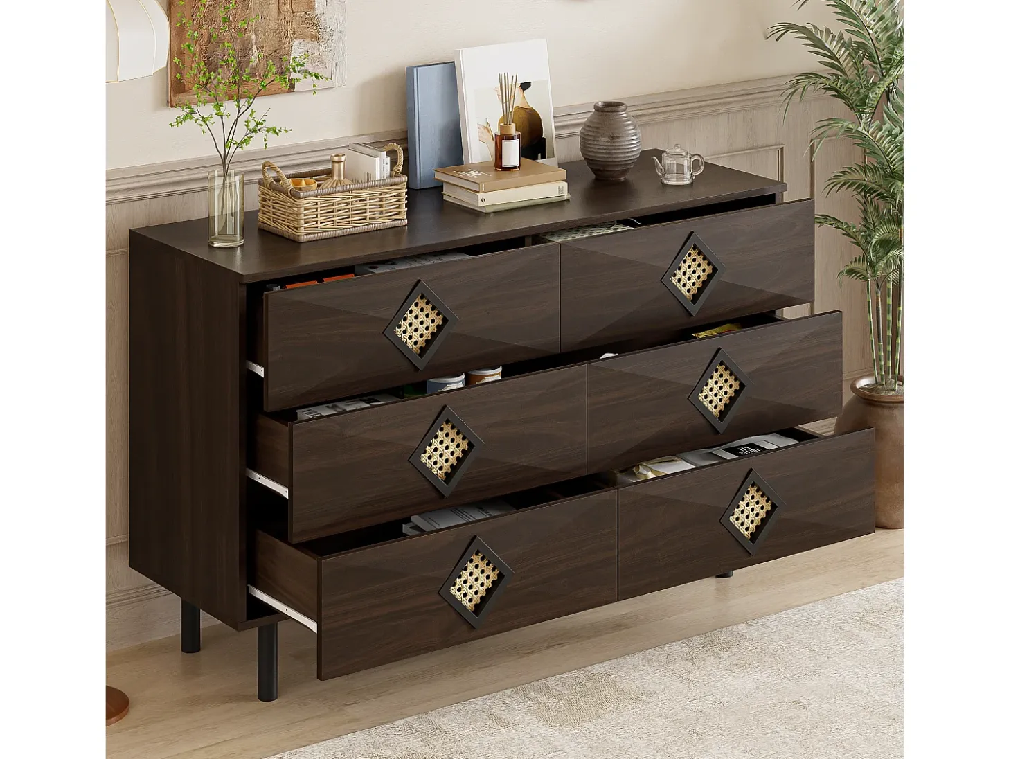 Buffet 120x40x74cm - con 6 cajones - decoración de ratán - Patas de metal - MDF + Tableros de partículas - Marrón