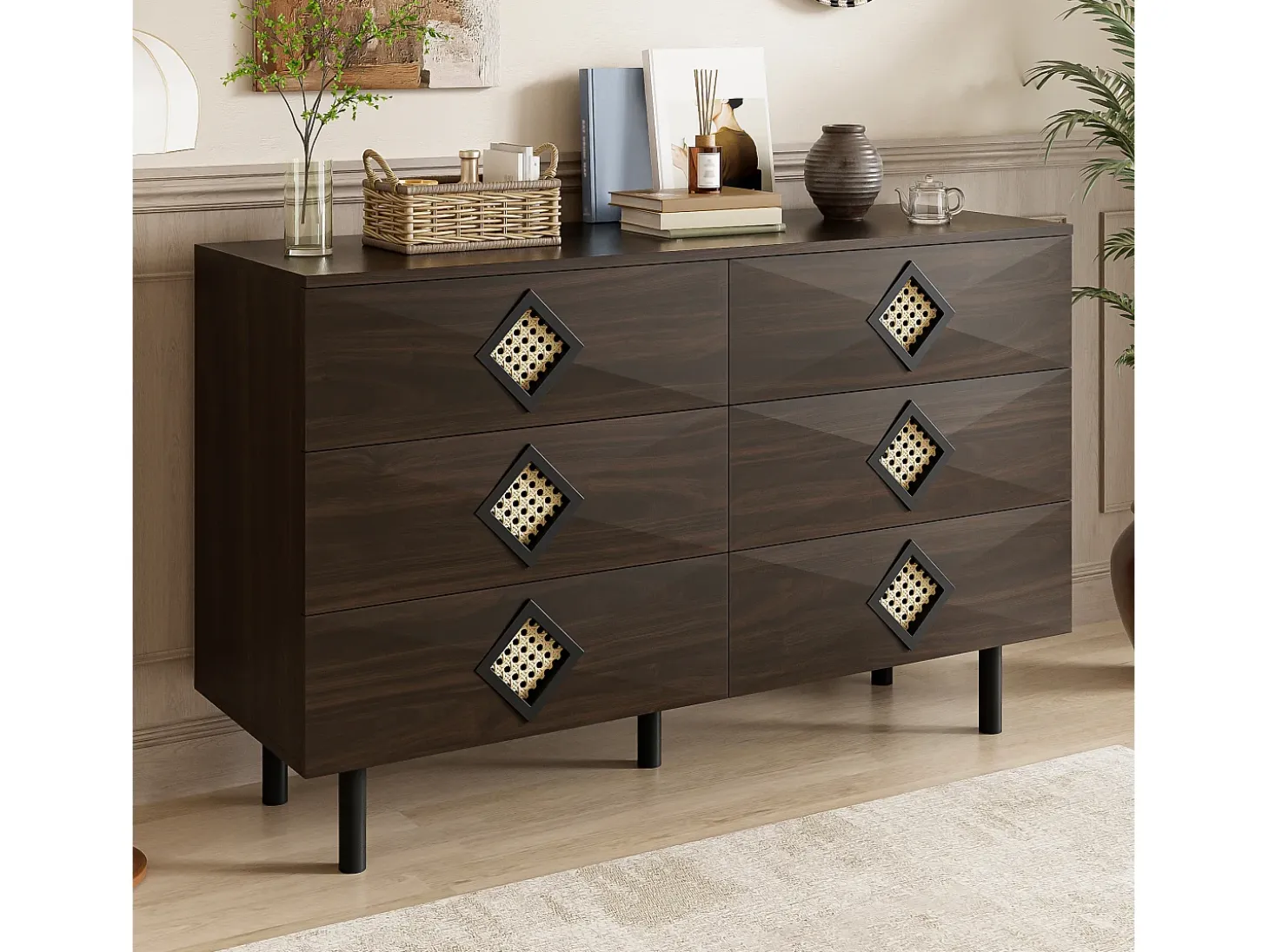 Buffet 120x40x74cm - con 6 cajones - decoración de ratán - Patas de metal - MDF + Tableros de partículas - Marrón