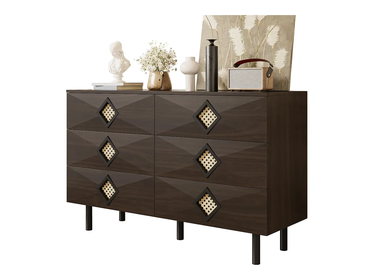 Buffet 120x40x74cm - con 6 cajones - decoración de ratán - Patas de metal - MDF + Tableros de partículas - Marrón