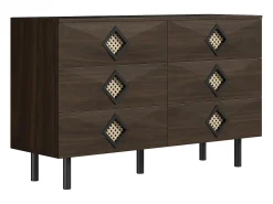 Buffet 120x40x74cm - con 6 cajones - decoración de ratán - Patas de metal - MDF + Tableros de partículas - Marrón