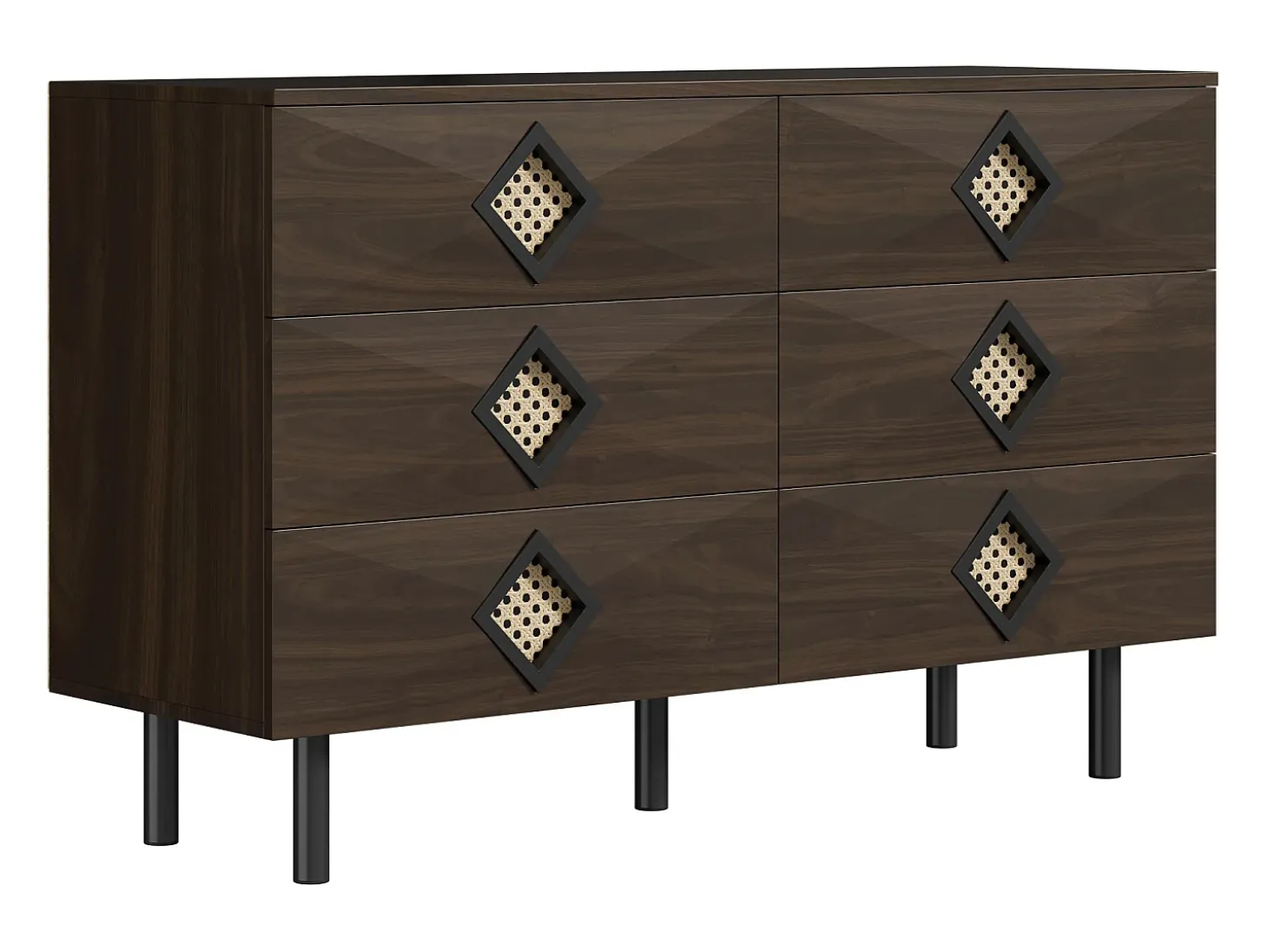 Buffet 120x40x74cm - con 6 cajones - decoración de ratán - Patas de metal - MDF + Tableros de partículas - Marrón