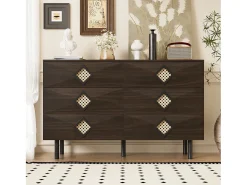Buffet 120x40x74cm - con 6 cajones - decoración de ratán - Patas de metal - MDF + Tableros de partículas - Marrón