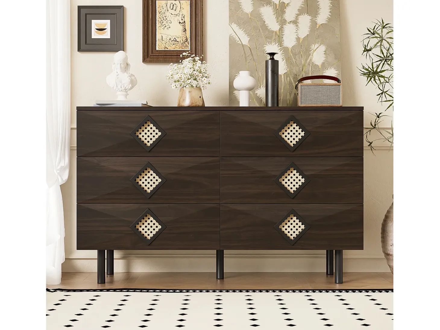Buffet 120x40x74cm - con 6 cajones - decoración de ratán - Patas de metal - MDF + Tableros de partículas - Marrón