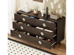 Buffet 120x40x74cm - con 6 cajones - decoración de ratán - Patas de metal - MDF + Tableros de partículas - Marrón