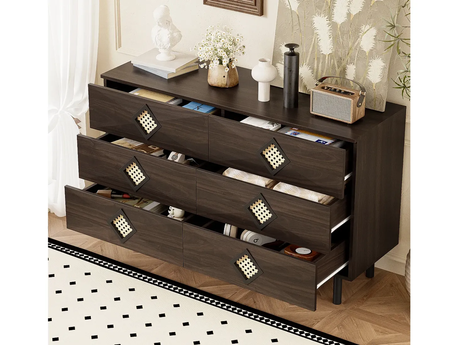 Buffet 120x40x74cm - con 6 cajones - decoración de ratán - Patas de metal - MDF + Tableros de partículas - Marrón