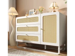 Buffet 120x40x85cm - con 3 cajones de ratán y 1 puerta de ratán - estilo rústico - tirador dorado - Blanco + Natural