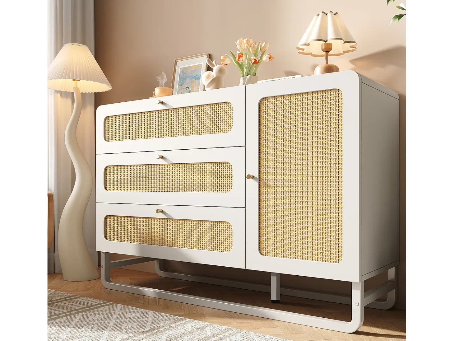 Buffet 120x40x85cm - con 3 cajones de ratán y 1 puerta de ratán - estilo rústico - tirador dorado - Blanco + Natural