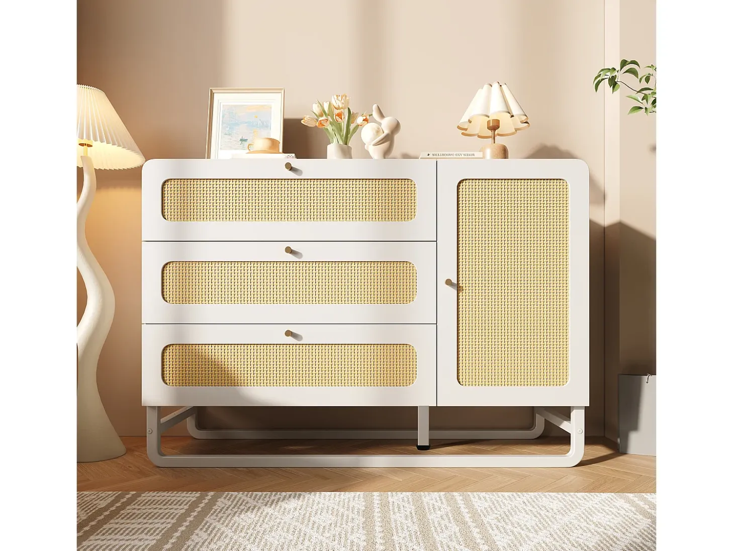 Buffet 120x40x85cm - con 3 cajones de ratán y 1 puerta de ratán - estilo rústico - tirador dorado - Blanco + Natural