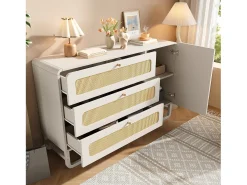 Buffet 120x40x85cm - con 3 cajones de ratán y 1 puerta de ratán - estilo rústico - tirador dorado - Blanco + Natural